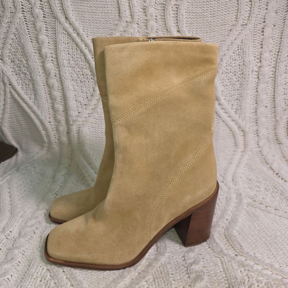 Franco Sarto Stevie Suede Square Toe Mid-Calf Boots Tan Block Heel Women 10M NEW